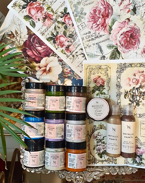 Rice papers chalk paints gilding waxes metallic paints